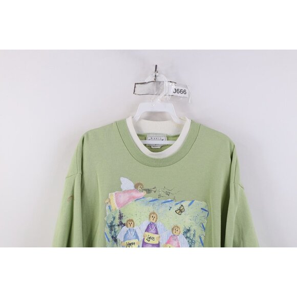 Vintage 90s Streetwear Womens XL Faded Christian Angels Layered Sweatshirt Green - Picture 2 of 13